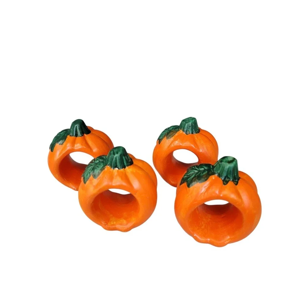 Vintage Ceramic Pumpkin Napkin Rings Set Of 4 Halloween Fall Thanksgiving 3